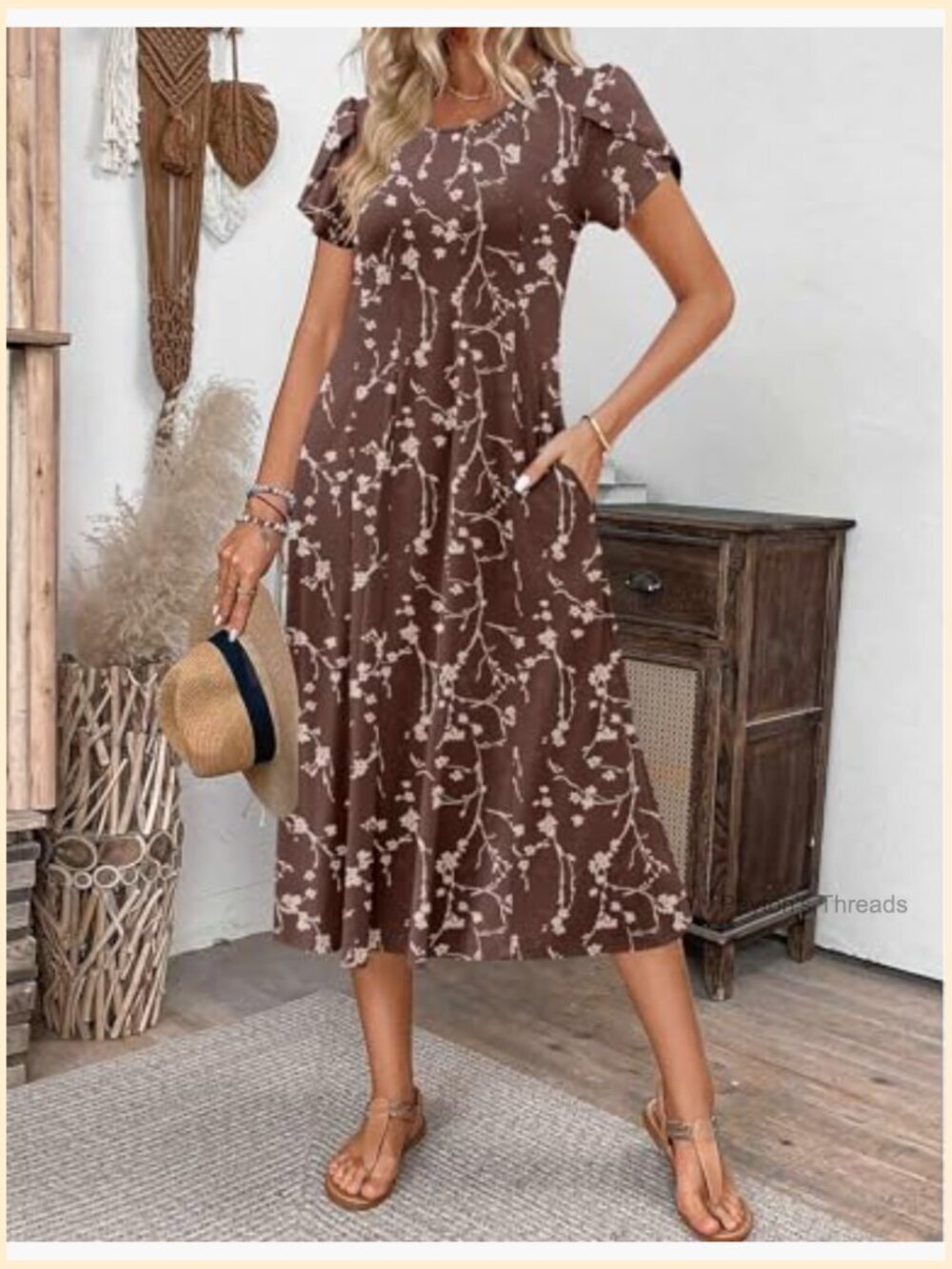 Womens Casual Summer Midi Dress Short Sleeve Flare Loose Flowy Beach Sundress - Picture 2 of 7